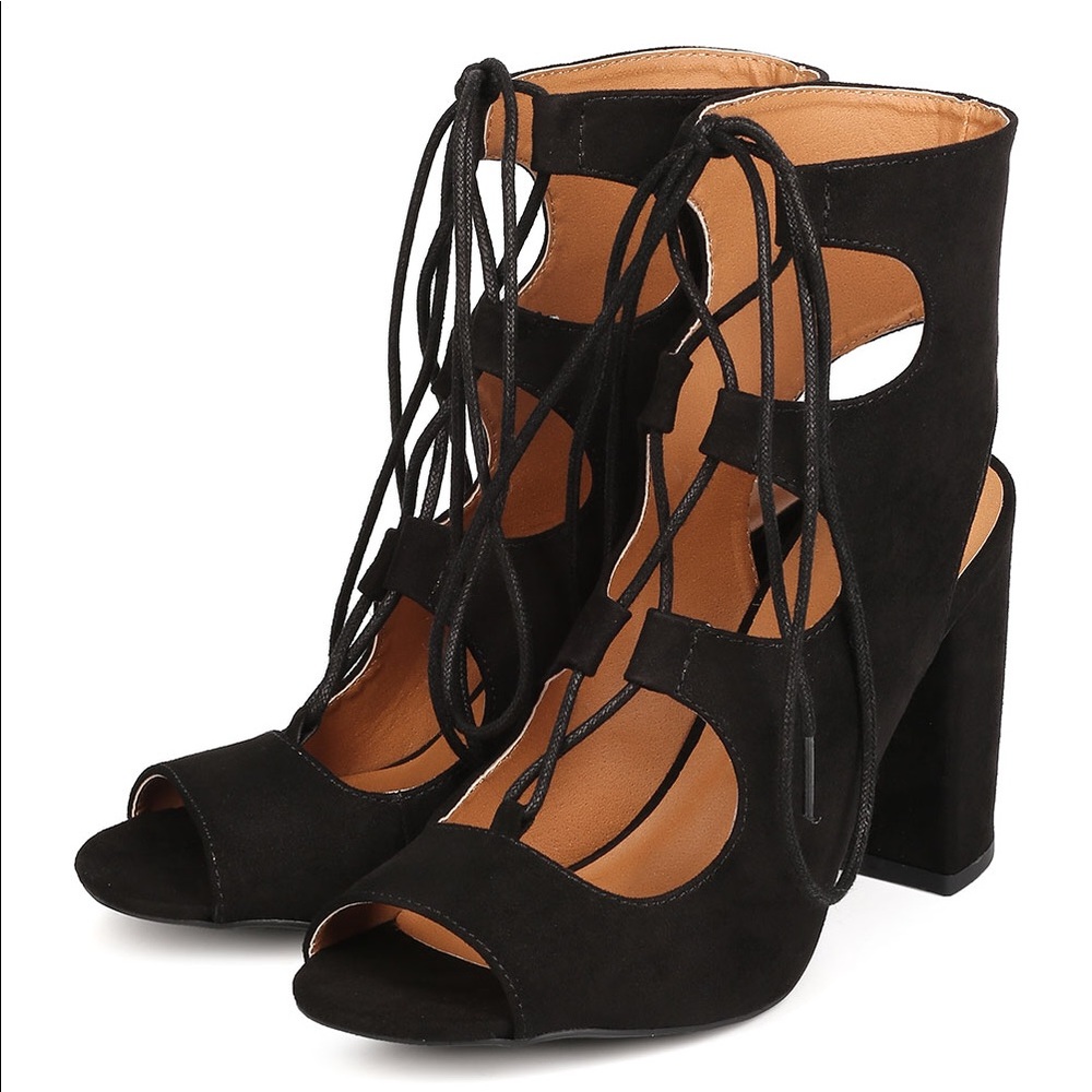Suede Lace up Peep Toe Black Chunk Heel (SIZE 8)